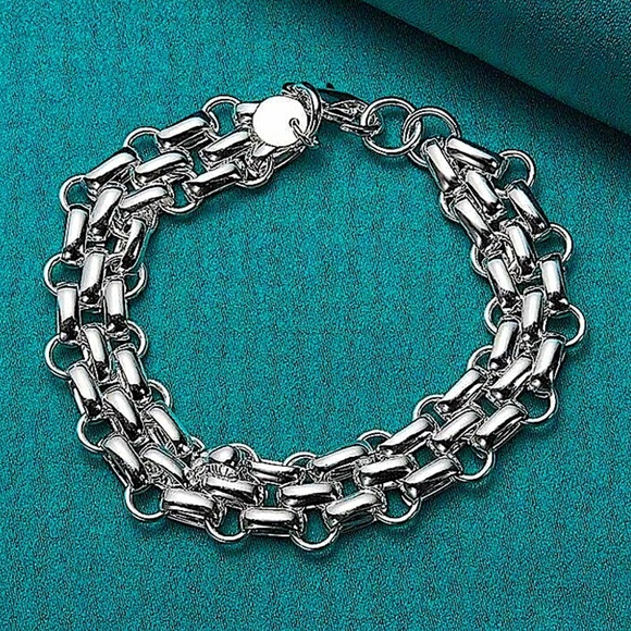 Sterling Silver Chain Link Cuban Mesh Lattice Stamped 925 Bracelet - Picture 2 of 7